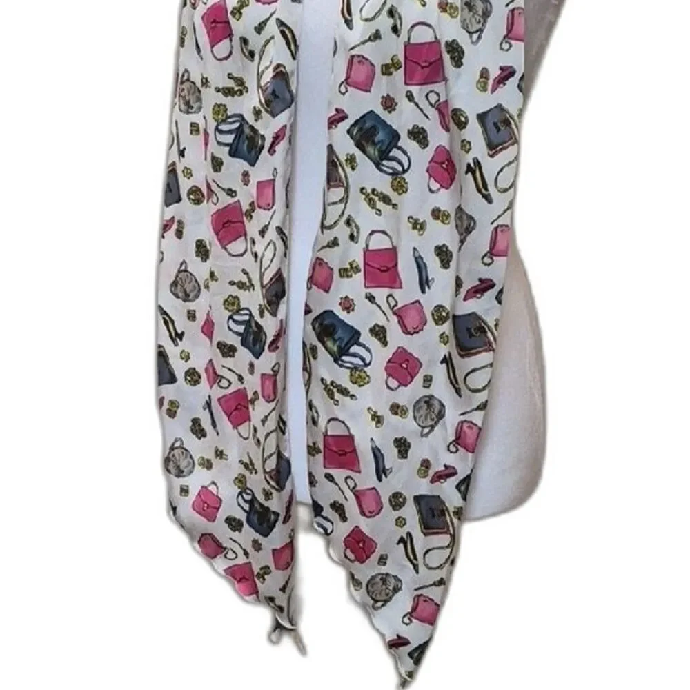 Vintage Novelty Print Silk Scarf White Pink Retro Camera Sunglasses Makeup